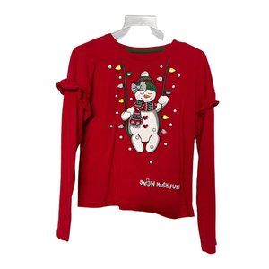 Holiday Time Brand red ruffled sleeve girls t-shirt snowman girls L 10/12 1591